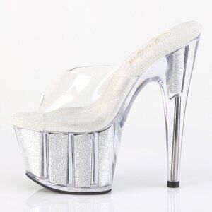 Silver Glitter Clear Platform Mules | High Heel Pole Dance Shoes